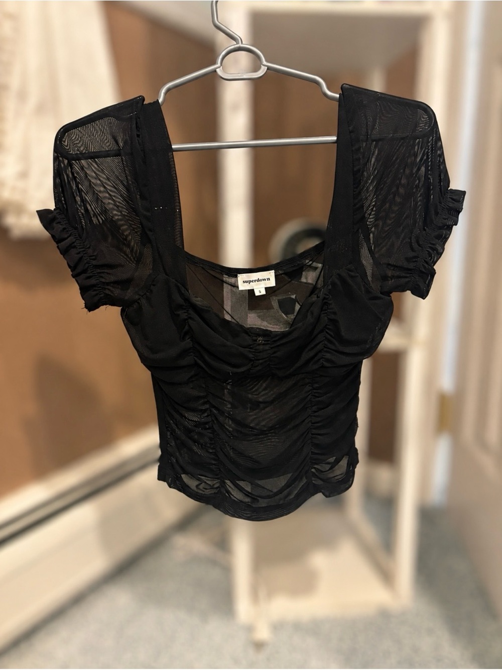 superdown Black Ruched Sheer Crop Top